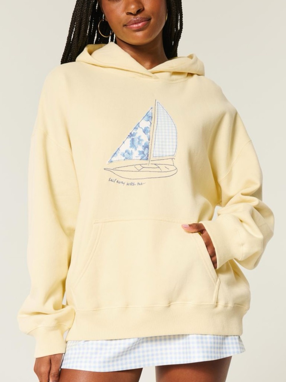 Hollister Sail Away With Me Boat Patchwork Quilted Butter Yellow Hoodie Pullover